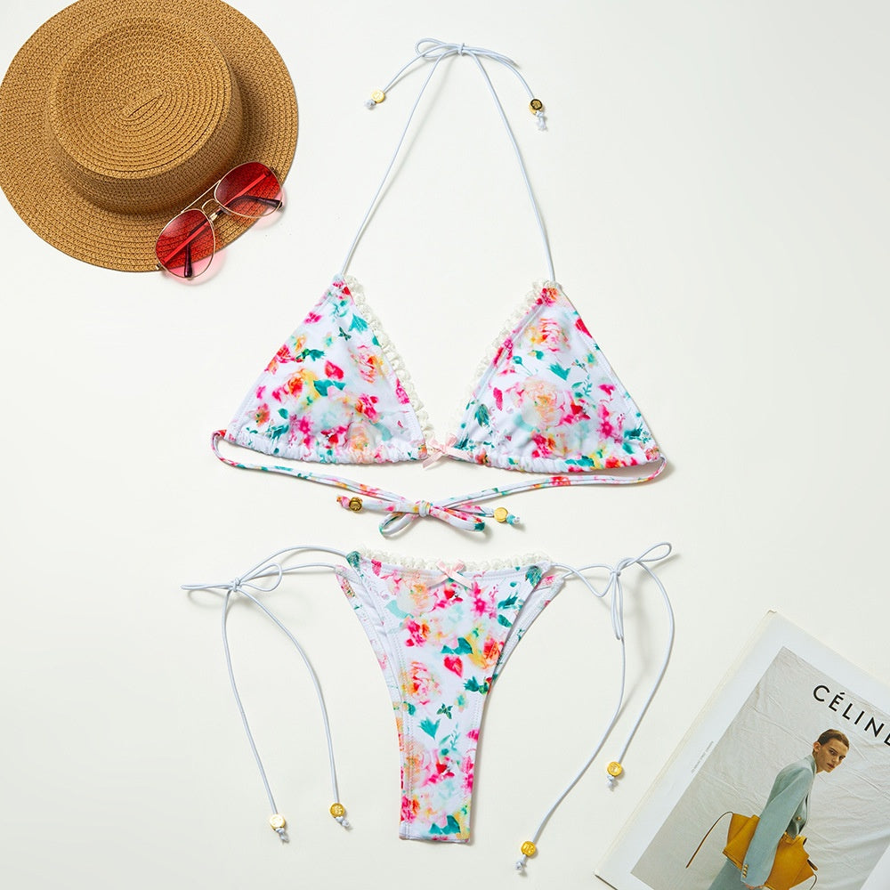 European and American Style Floral Print Strap Separate Swimsuit Women's Lace Bow High Elasticity Bikini